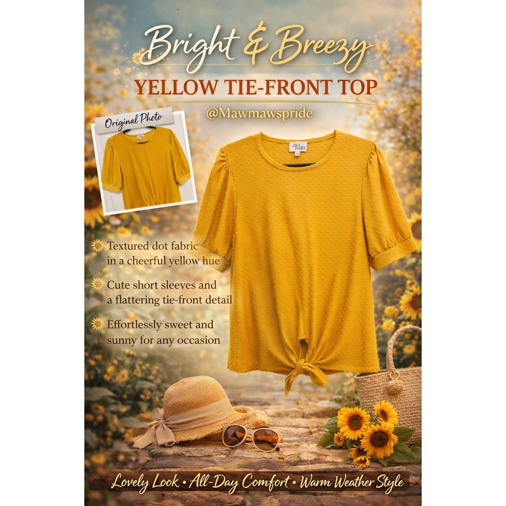 Ava James Mustard Yellow Swiss Dot Tie-Front Puff Sleeve Top Women boho‎ Large